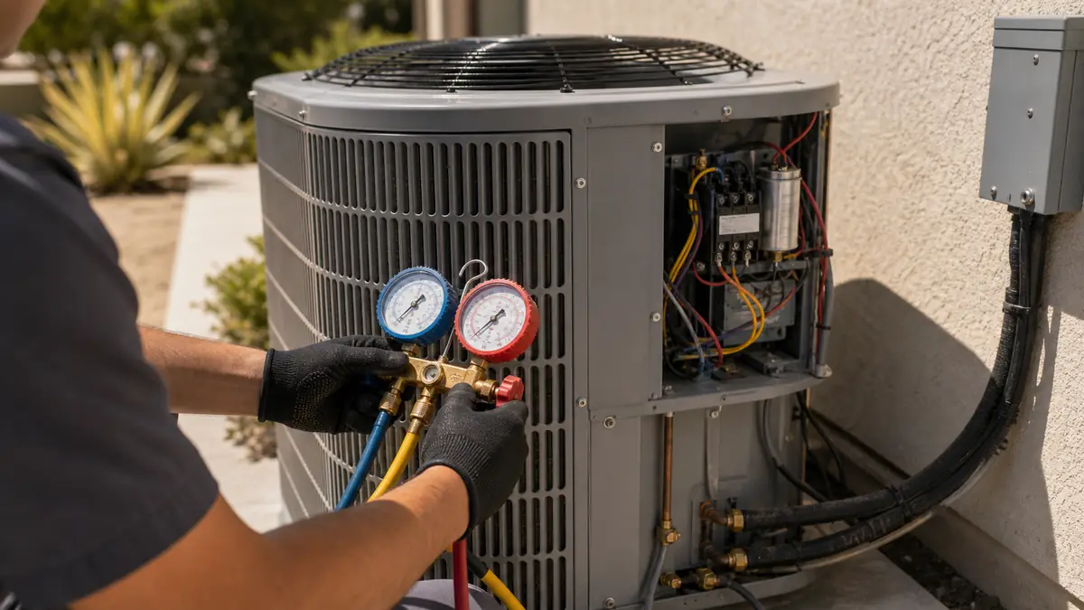 Technician diagnosing a short-cycling Mitsubishi unit in Pasadena